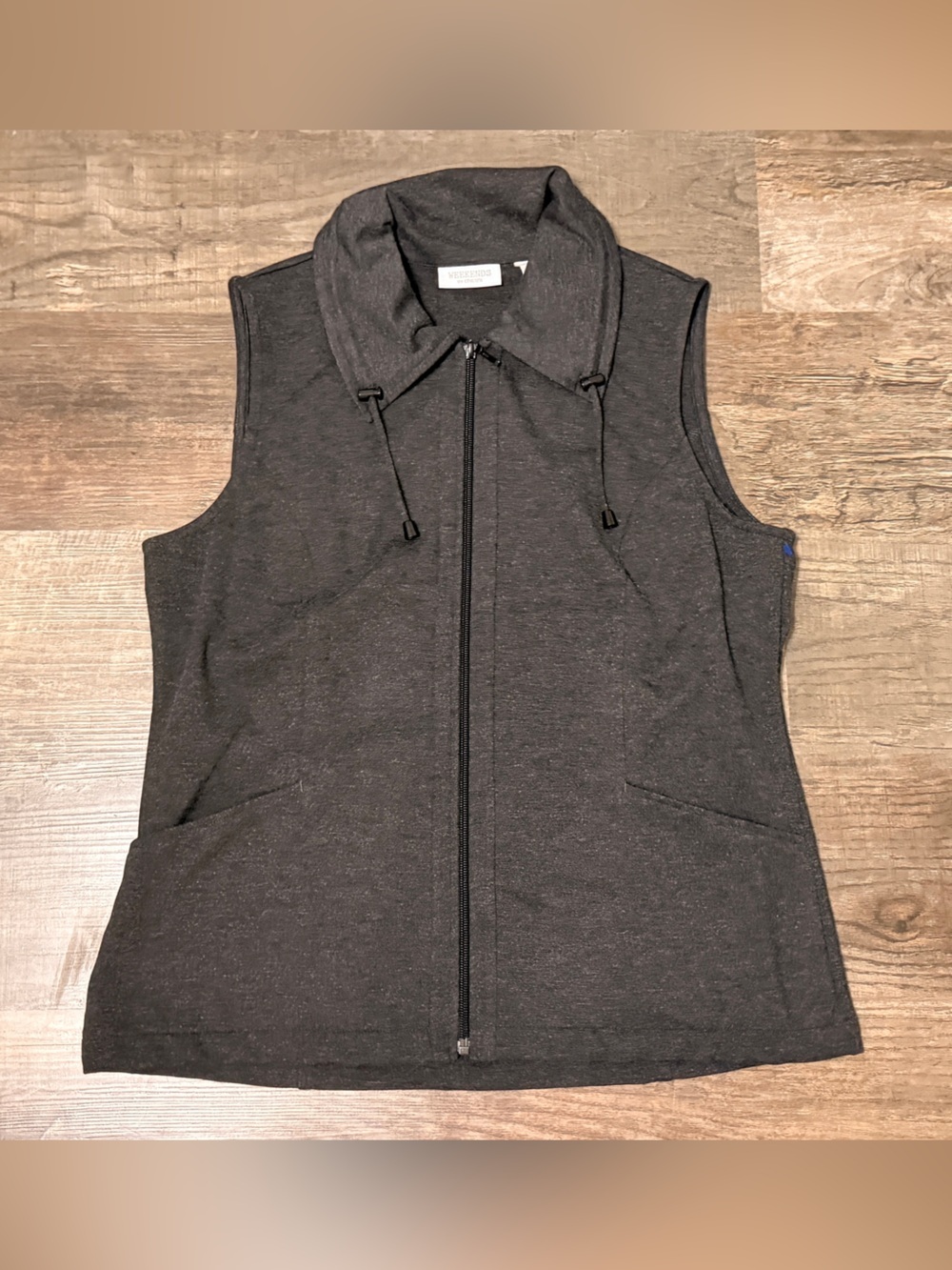 Weekends by Chicos Dark Gray Zip-Up Sleeveless Hoodie Vest